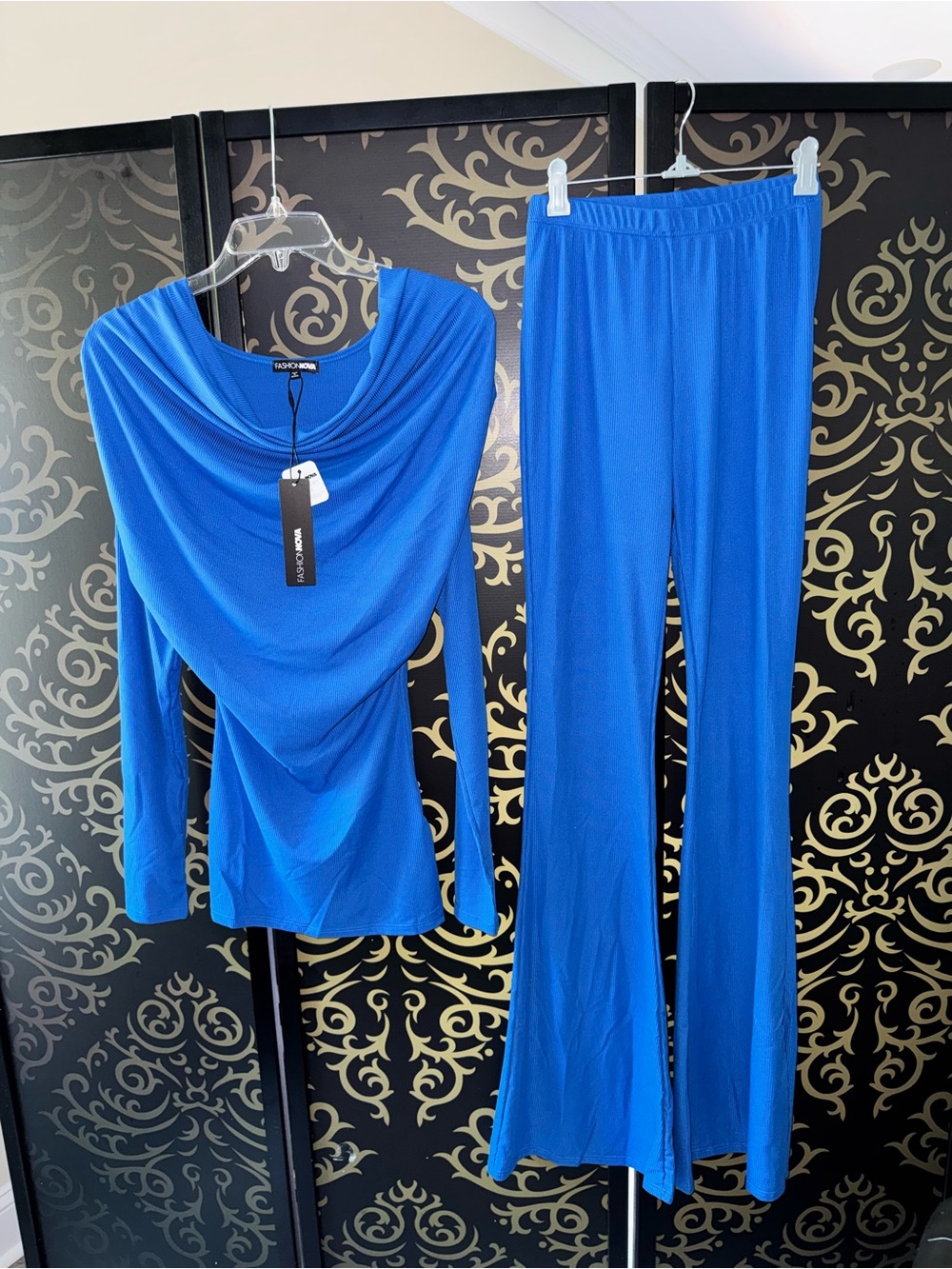 Fashion Nova Cowl Neck Blue Flare Pants Set